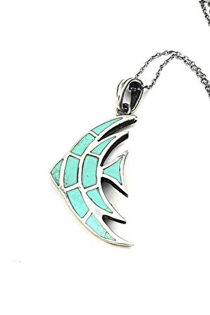 Turkuaz taşlı gümüş modern balık kolye